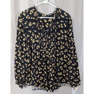 Torrid 2 Size 2X Black Floral Tunic Flowy Long Sleeve Yellow Daisies Boho Blouse